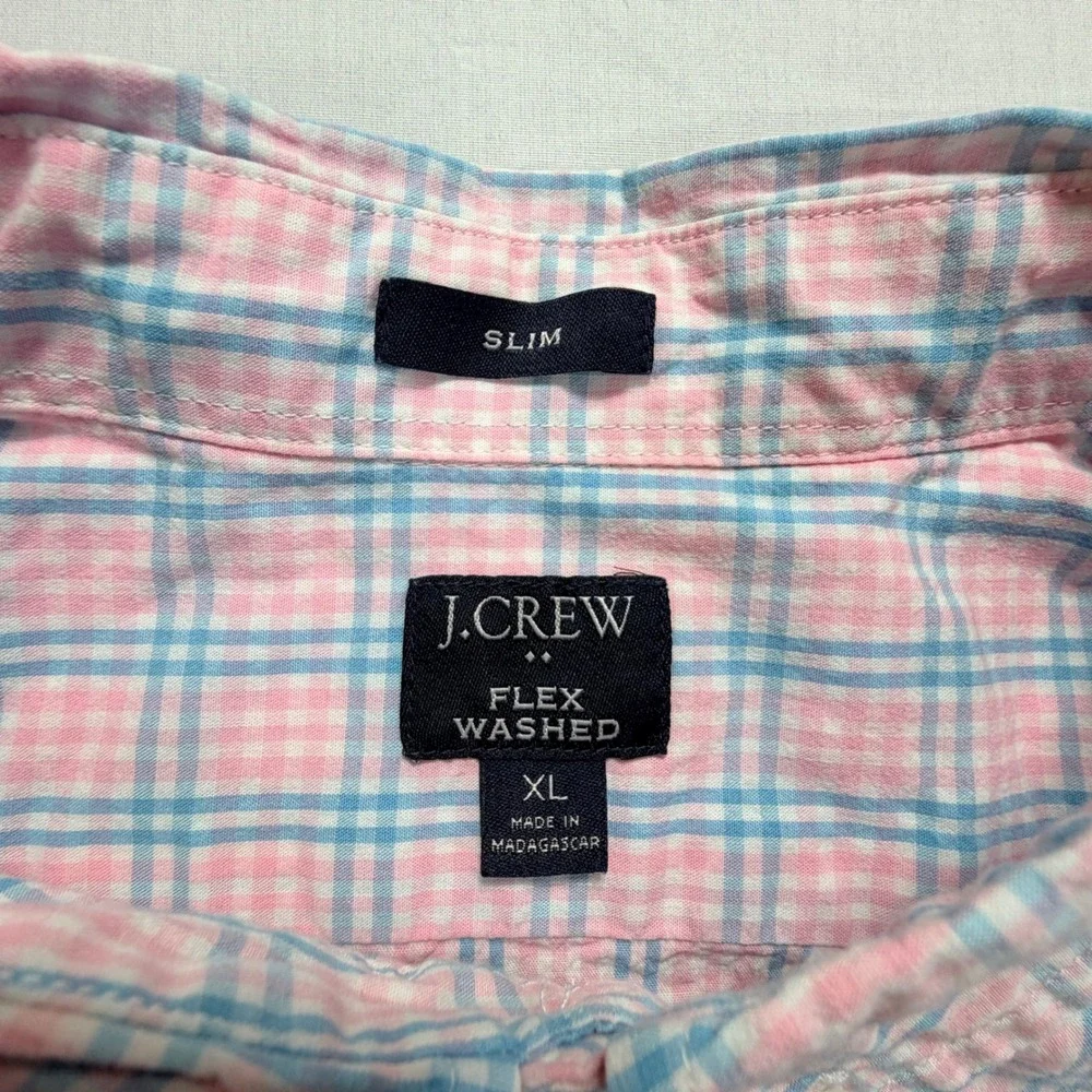 J Crew Mens XL Slim Fit Flex Washed Pink Blue Plaid Button‎ Down Shirt